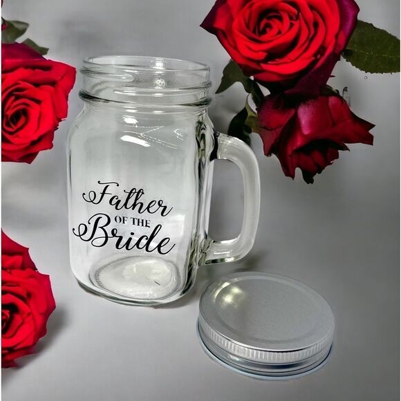 NWT Wool + Pepper Co. FATHER OF THE BRIDE Glass Mason Jar Cup with Handle - Picture 2 of 3